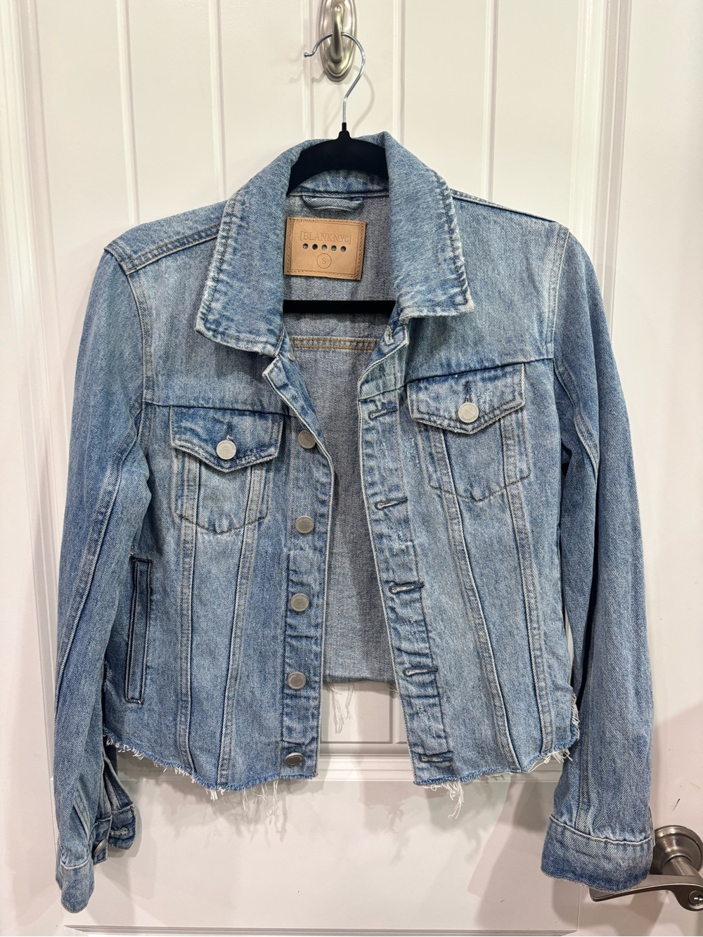 Blank NYC Light Blue Denim Jacket with Leather Patch